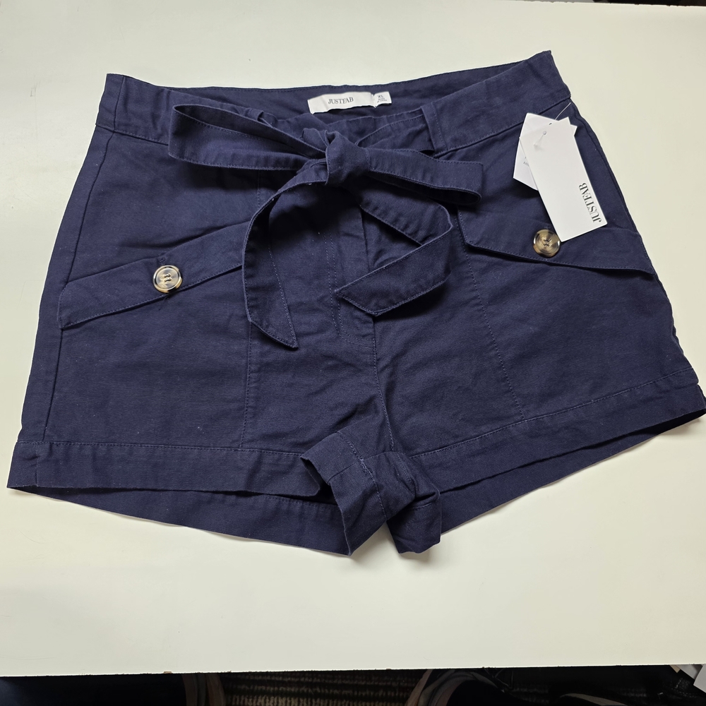 JustFab High Waisted Shorts Flat Front Tie Belt Navy Blue Size XLarge New